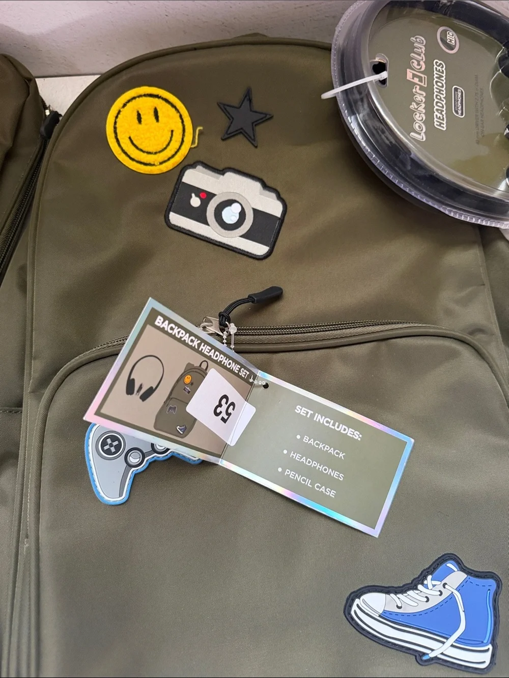 Olive Green Backpack with Fun Patch Accents
